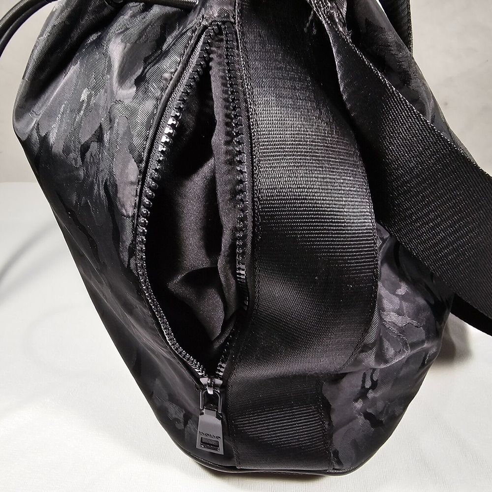 Bebe Sport Convertible Bucket Shoulder Bag Drawstring Zippered Camo Black Womens - Picture 7 of 16